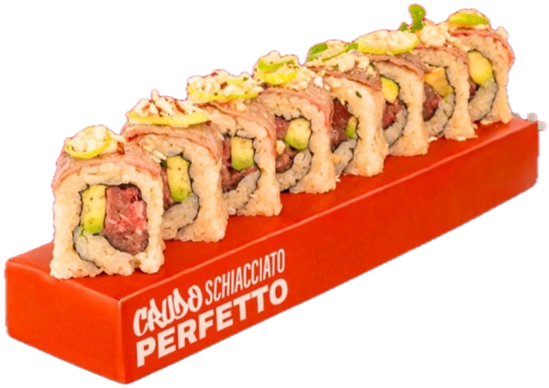 Sushi di carne Duccio nella box rossa, su fondo nero